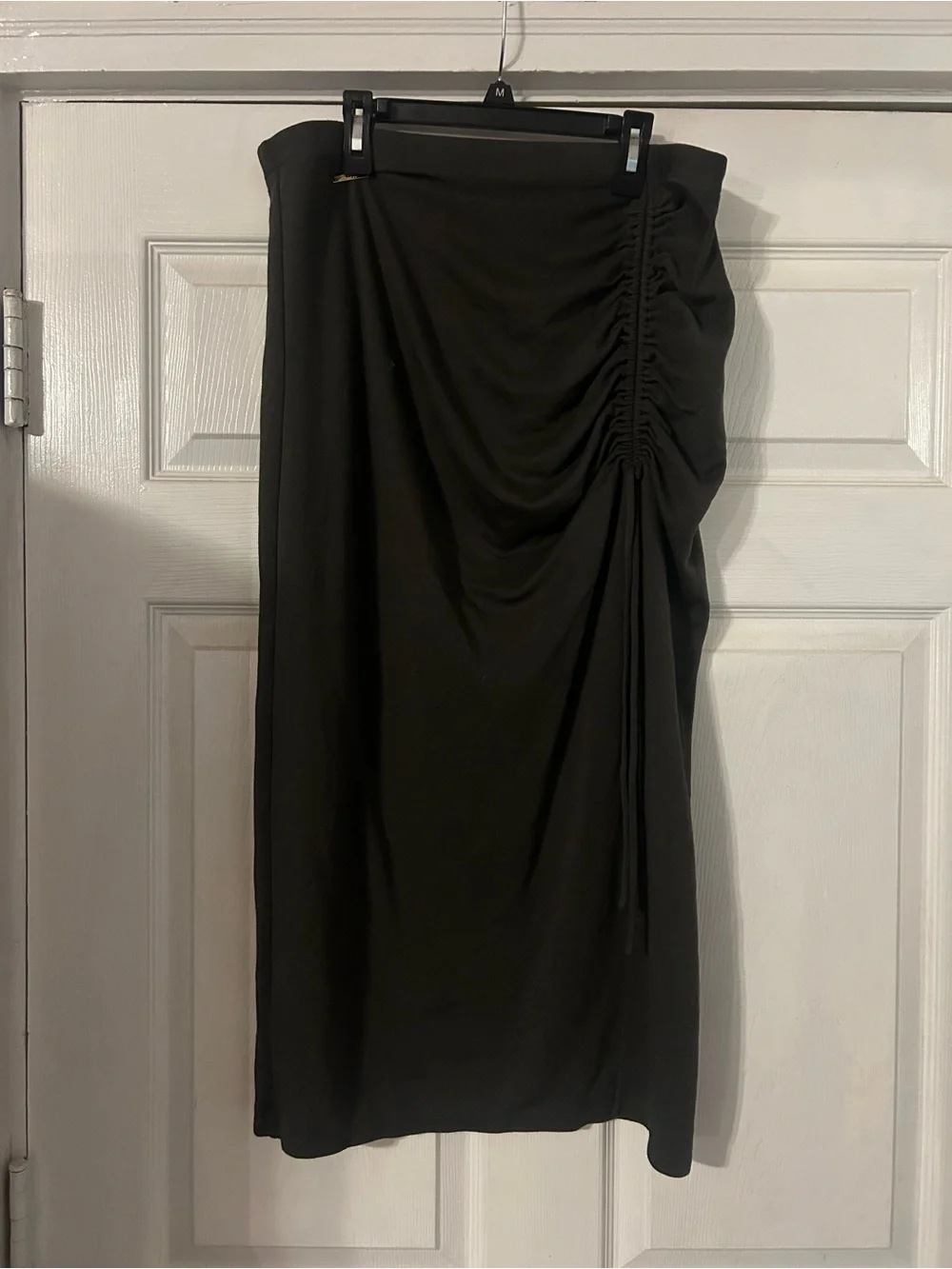 Ruched Side-Drawstring dark olive green Midi Skirt L